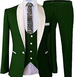 Men Suits 3 Piece Designer Tuxedo Green and White Style Suits Wedding ...