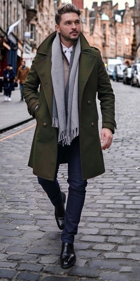 Men Trench Coat Dark Green Double Breasted Style Slim Fit Party Wear Winter  Wool Dinner Coat Stylish Coat Elegant Coat Bespoke for Men 