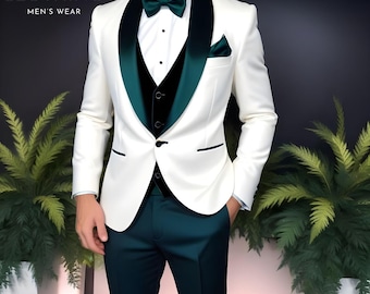 Weisser Frack: Hochzeitsanzug 3-teilig mit grünem Samt-Revers