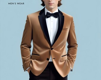 Esmoquin de terciopelo marrón: abrigo de novio de corte entallado