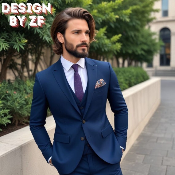 Men Suits Designer Navy Blue 3 Piece Suits Slim Fit Suit Elegant Formal Fashion Suits Groom Wedding Stylish Suit Bespoke For Men ZF