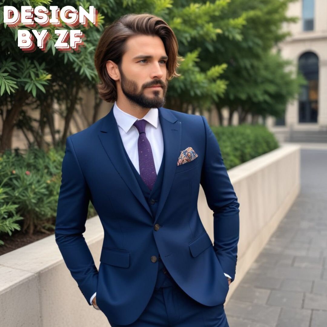 『TSJ SUITS 3P NAVY L』 Stritra 3 Piece Suit for Men Slim Fit Suits Set Double