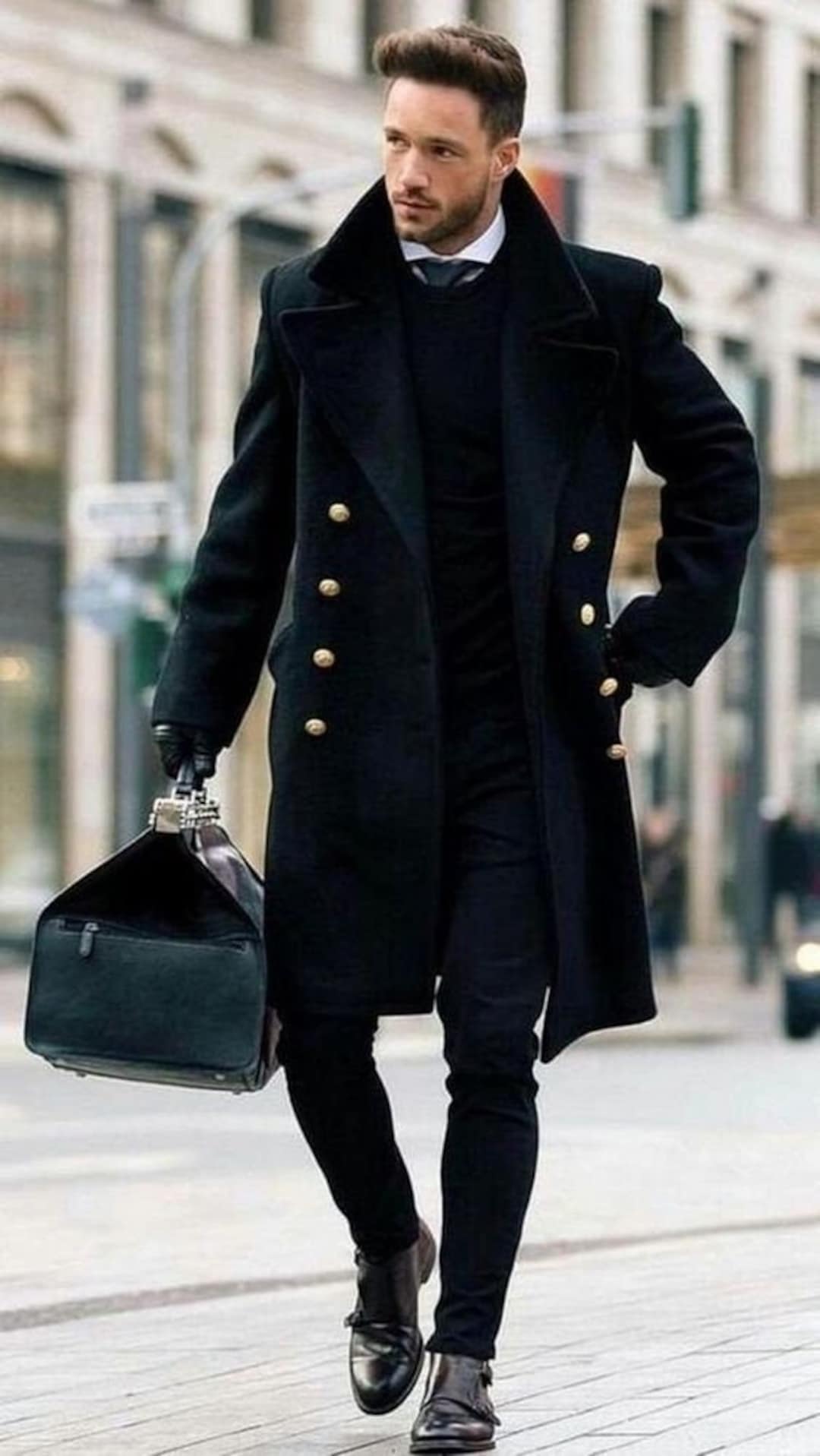 Men Trench Coat Black Wool Double Breasted Style Slim Fit Party Wear Men Trench Coat Black Wool Double Breasted Style Slim Fit Party Wear