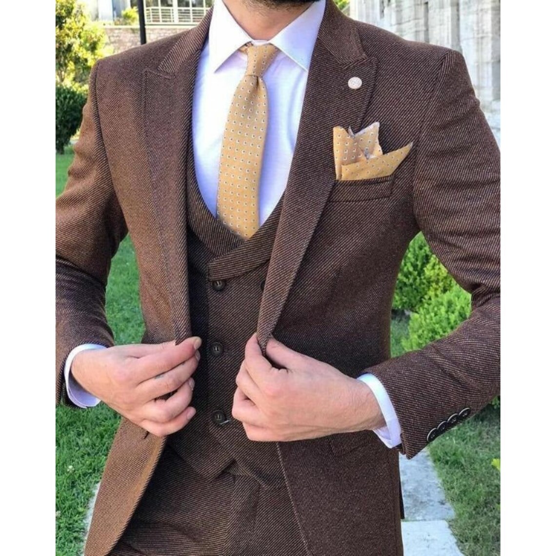 Luxury Men Suits Brown 3 Piece Wool Mix Slim Fit Elegant - Etsy