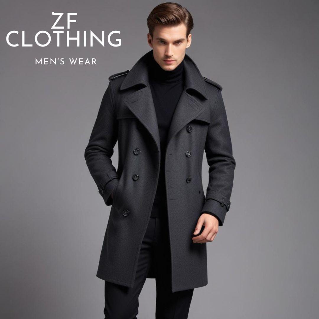 Men's Dark Grey Wool Trench Coat: Slim Fit Double Breasted
