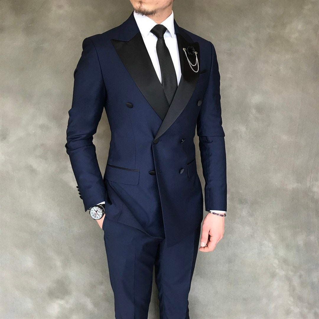 Men Suits 2 Piece Designer Tuxedo Blue and Black Style Suits Wedding