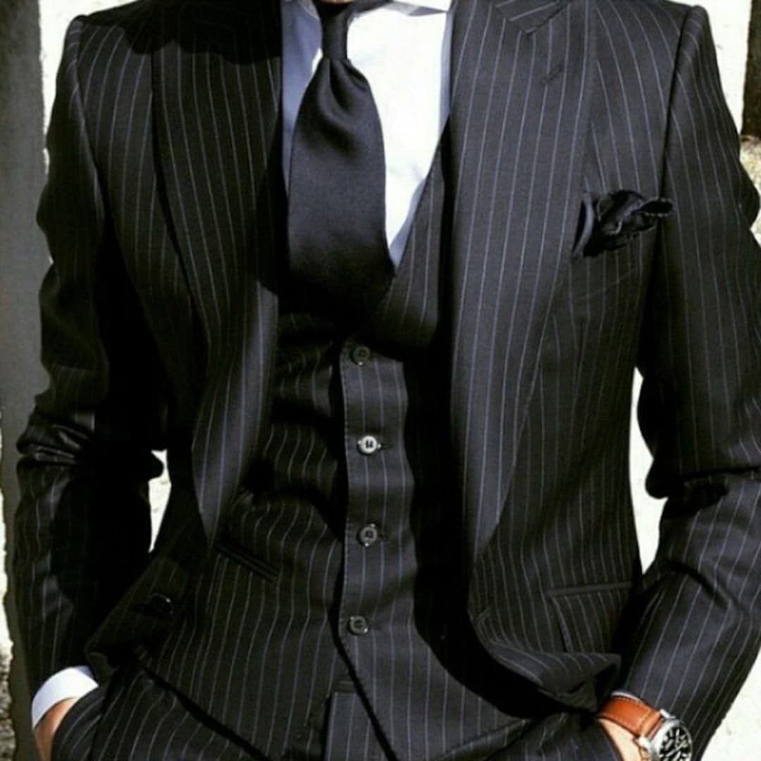 Men Suits Black Stripes 3 Piece Slim Fit Elegant Suits Formal Fashion