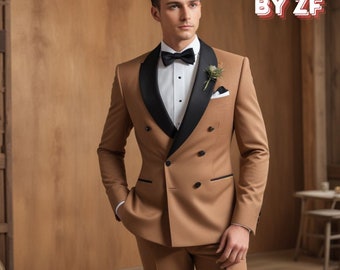 ブラウンのダブルブレストスーツ：メンズスリムフィットウェディング