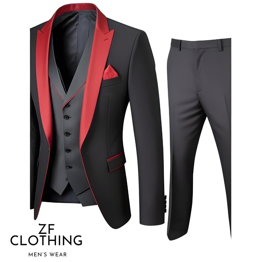 Men's Black and Red 3 Piece Suit: Modern Tailored Fit - Etsy