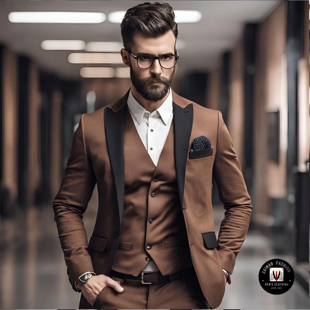 Herrenanzüge Designer Dunkelbraun und Schwarz Revers 3-teilige Slim Fit Elegante Formelle Mode Anzug Bräutigam Hochzeit Stilvolle Anzug Maßgeschneidert für Männer