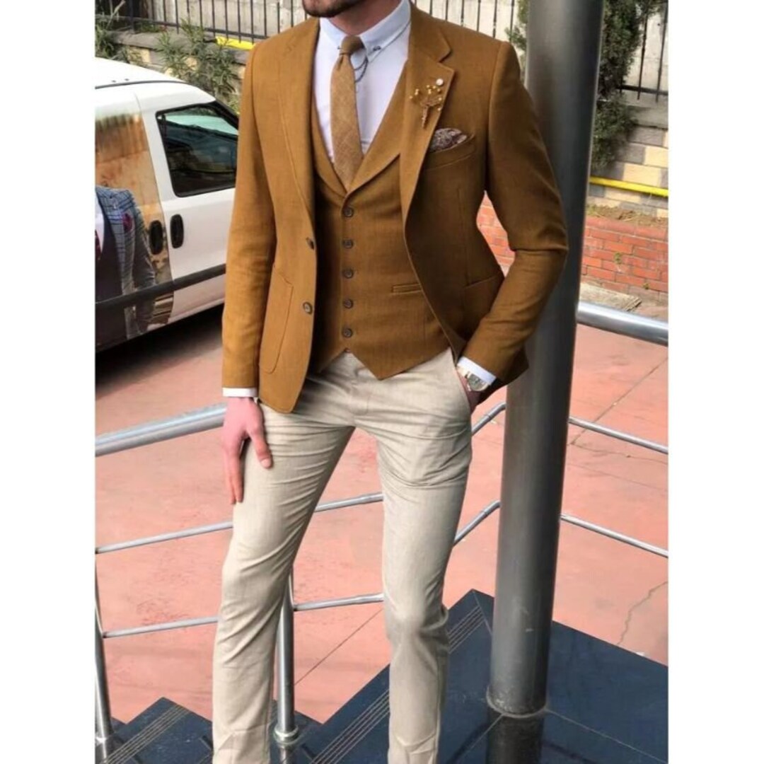 Luxury Men Suits Gold Brown 3 Piece Slim Fit Elegant Formal Etsy
