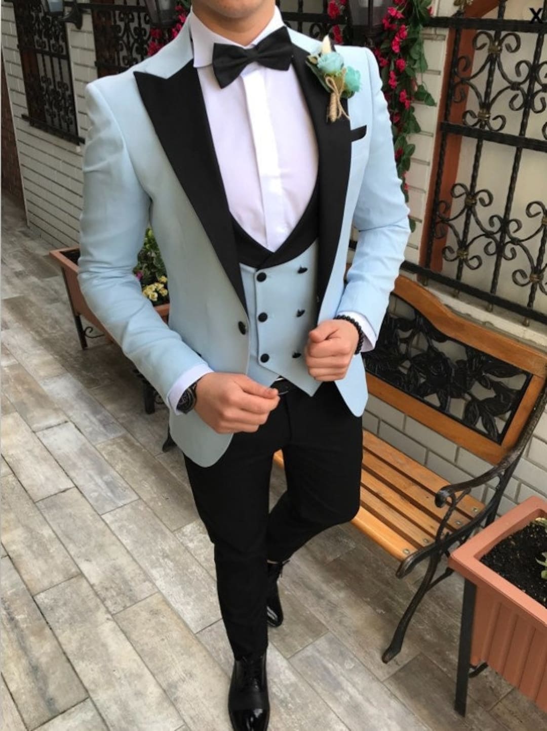 Two Toned Royal Light Blue Two Buttons Velvet or Dress Suits for Men Fabric (Your Choice) Tuxedo Suit Or Dinner Jacket Black Lapeled