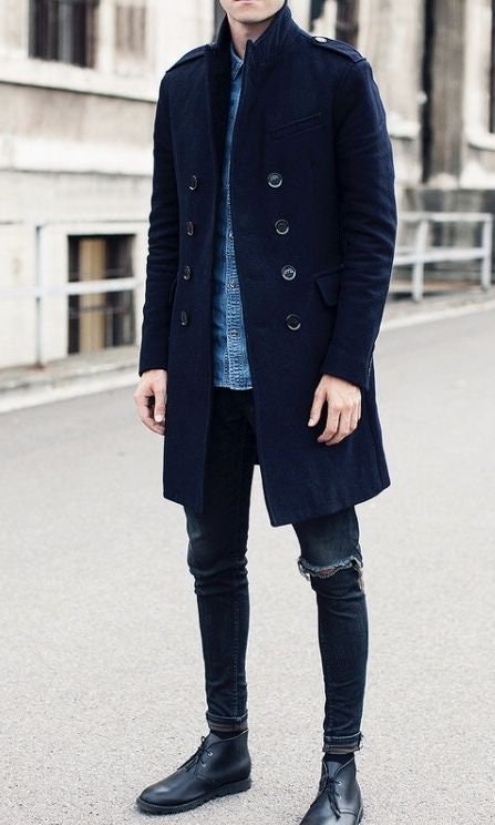 Men Trench Coat Dark Blue Double Breasted Style Slim Fit Party - Etsy
