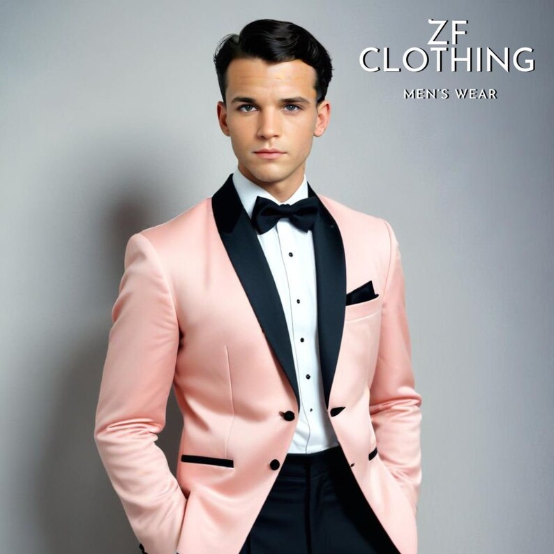 May include: A pink satin tuxedo jacket with a black satin lapel and a black bow tie. The jacket has a single button closure and two pockets. The text "ZF CLOTHING MEN'S WEAR" is visible at the top of the image.