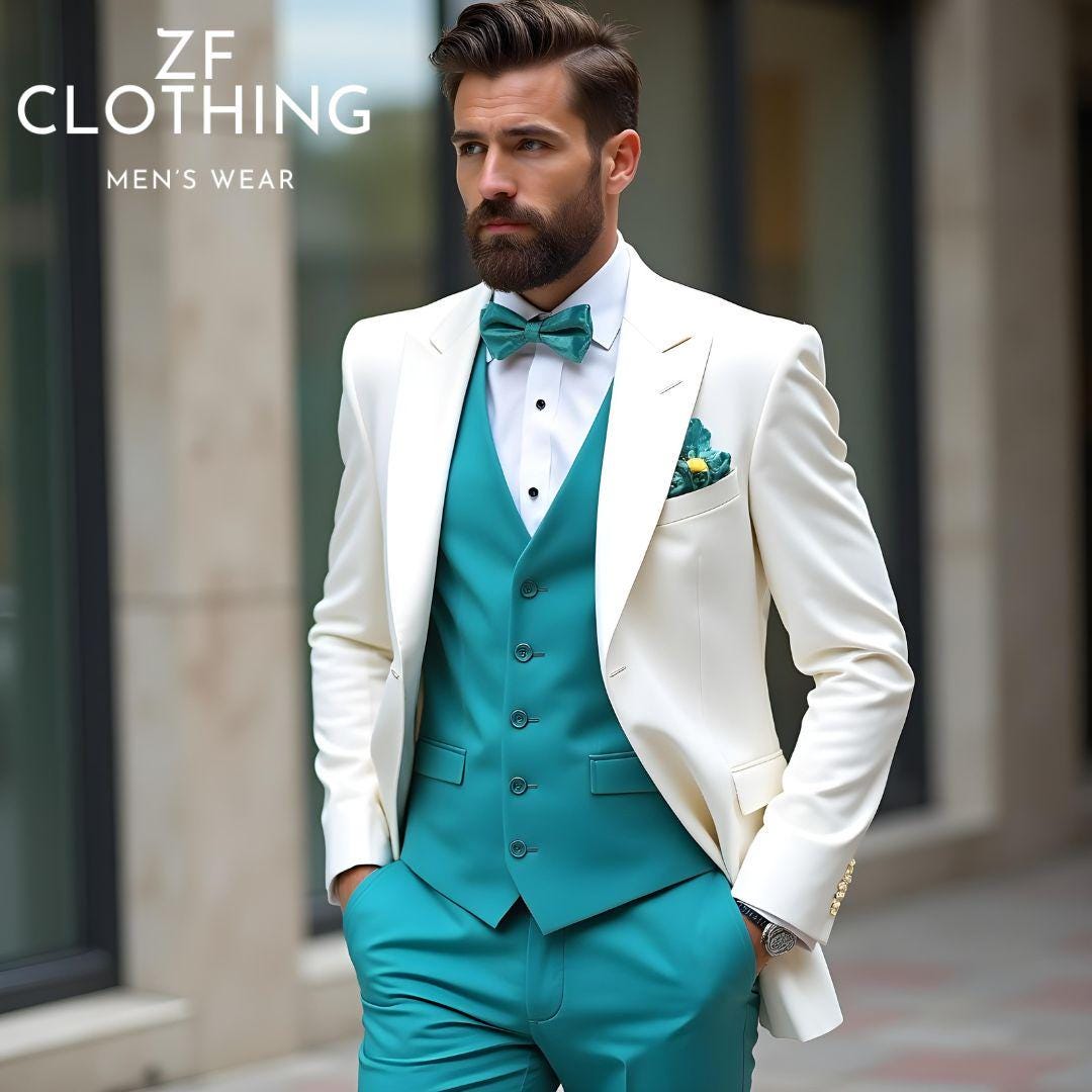 Off White Aqua Blue Tuxedo Suit: 3-piece Velvet Wedding Suit