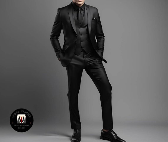 Full Black Suit Traje Completo Negro Hombre Traje De Boda De