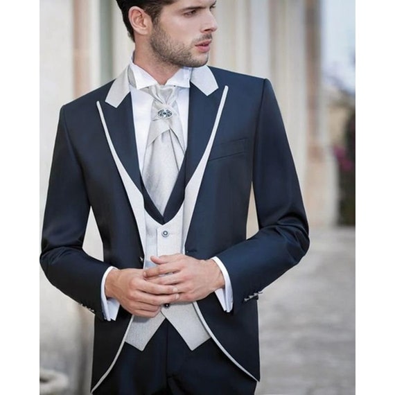 White & Navy Blue Tuxedo - 3 Piece