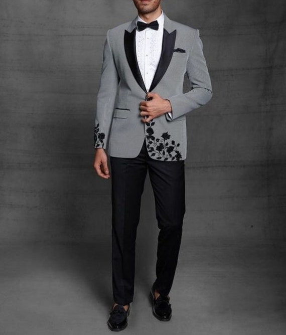 Men Suits 2 Piece Floral Embroidered Designer Tuxedo Grey and