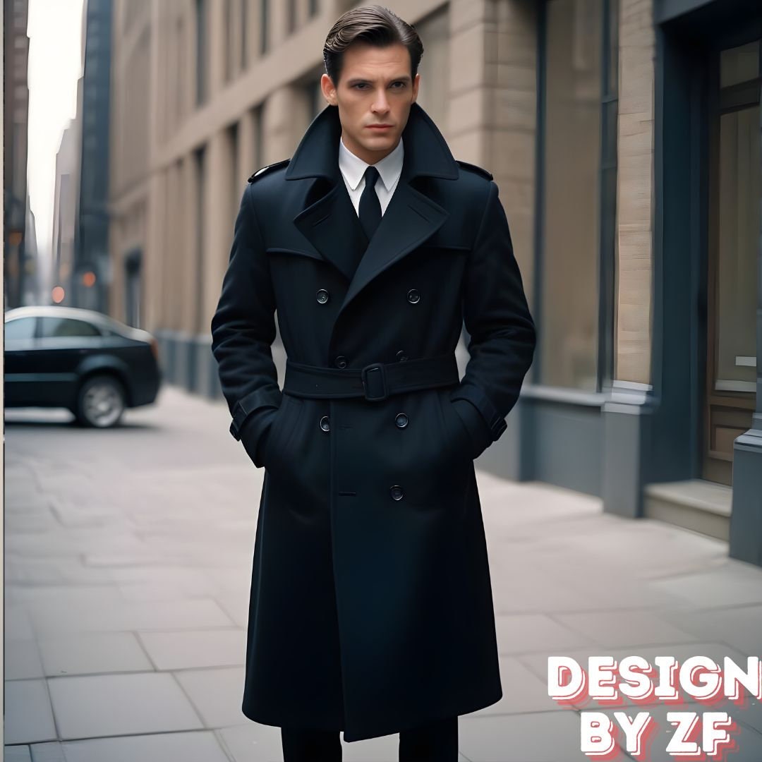 Men's Classic Wool-Blend Trench Coat – Double-Breasted, Knee-Length Overcoat For Fall & Winter