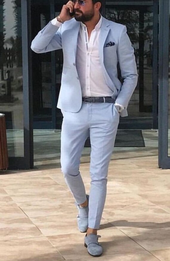 Men Linen Silver 2 Piece Suit