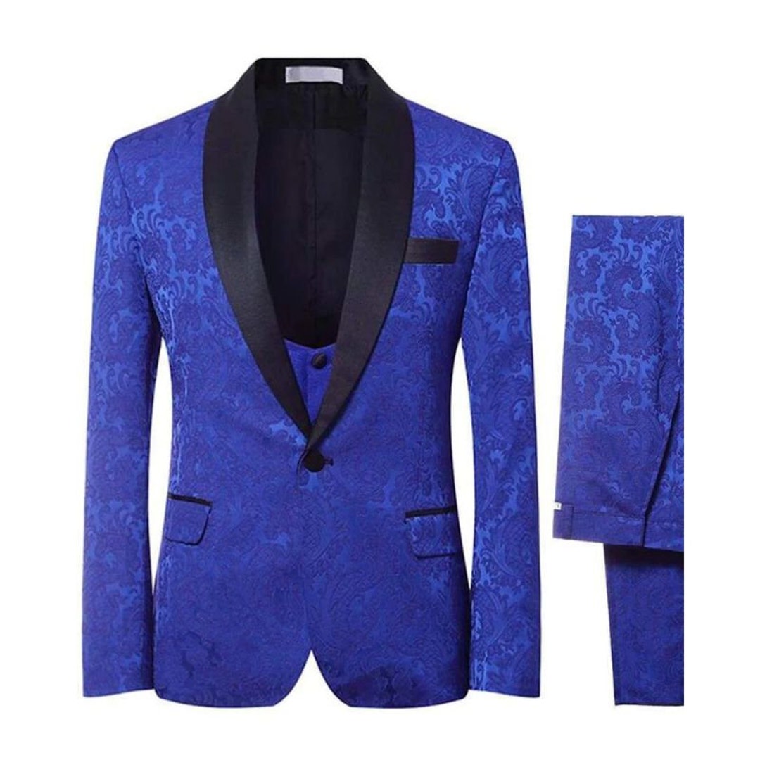 Designer Jacquard Tuxedo Men Suits 3 Piece Blue Floral Style Suits ...