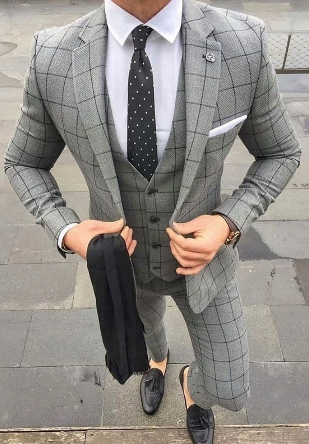 Men Suits Grey Plaid and Tweed 3 Piece Slim Fit Elegant Formal - Etsy