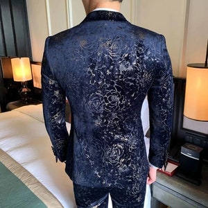 Designer Tuxedo Men Suits 3 Piece Blue Floral Printing Style Suits ...