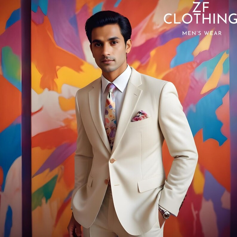 Puede incluir: Un hombre lleva una chaqueta de traje beige claro y pantalones a juego. Lleva una camisa blanca con una corbata de estampado colorido y un pa&ntilde;uelo de bolsillo. El fondo es una pintura abstracta colorida con el texto "ZF CLOTHING MEN'S WEAR".
