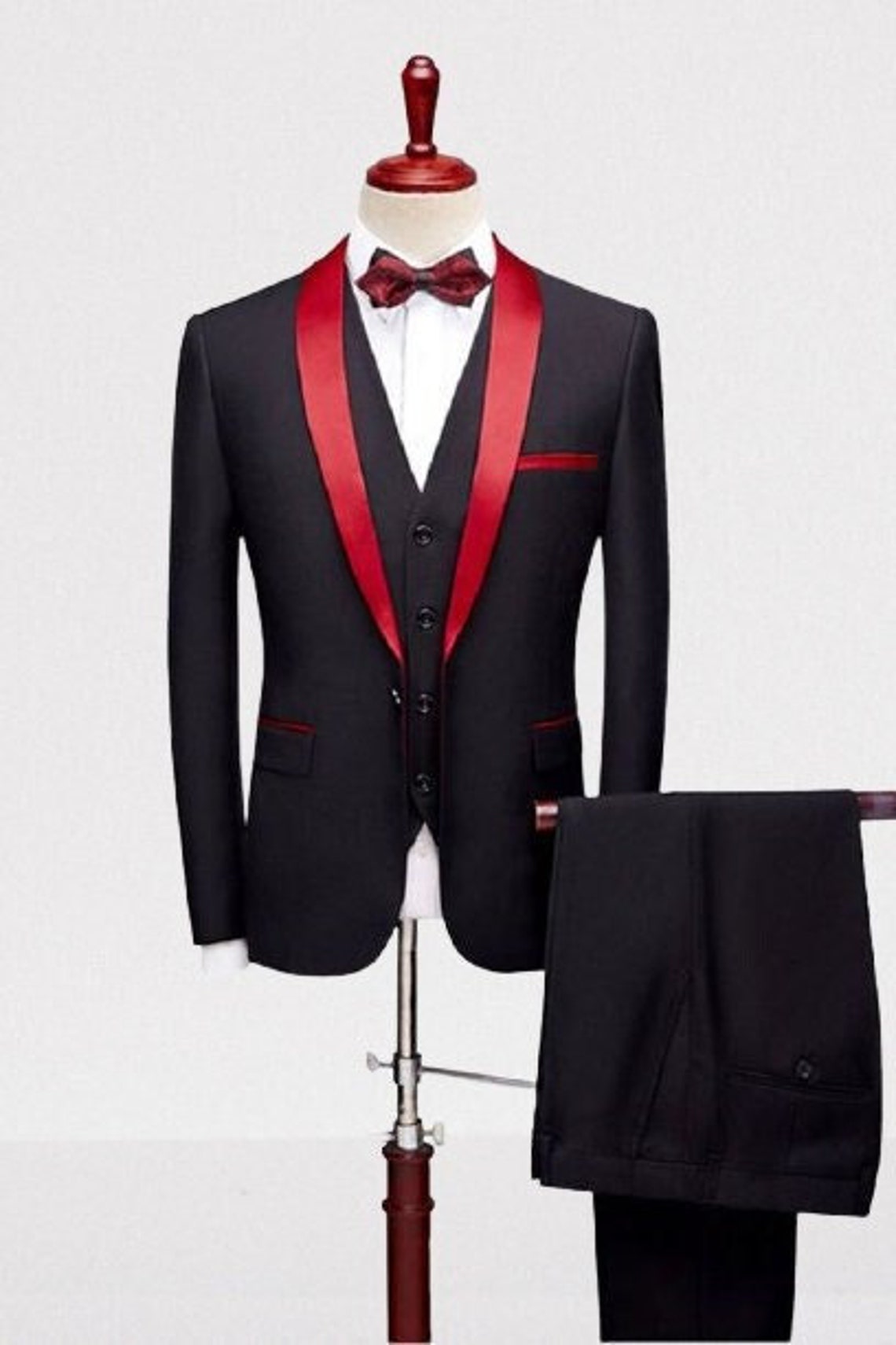 Men Suits 3 Piece Designer Tuxedo Black And Red Style Suits image 1