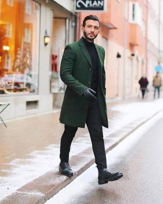 Trench Coat Men Double Breasted Green Wool Long Winter Dinner Coat 