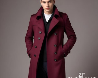 Gabardina de lana color vino para hombre: abrigo de fiesta cruzado y corte entallado