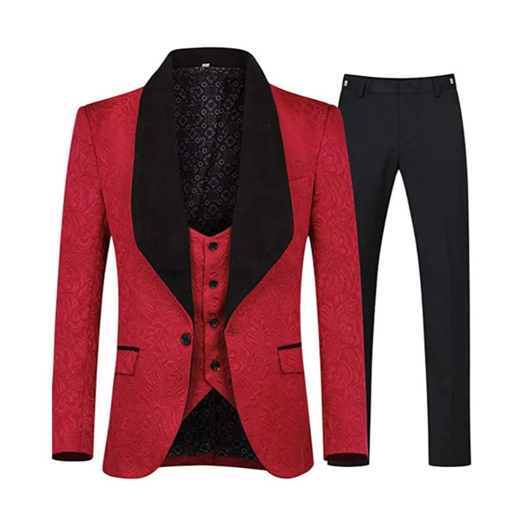 Men Suits 3 Piece Tuxedo Red Floral and Blue Shawl Lapel Style Suits Wedding Party Suits Elegant