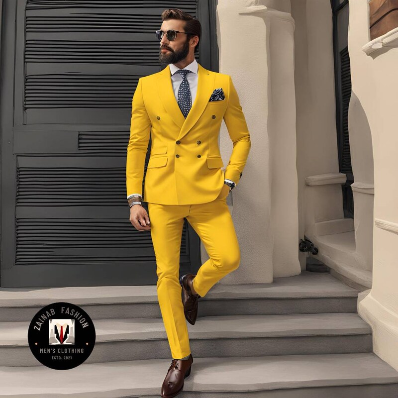 Stylish Yellow Double Breasted Slim Fit Mens Suit With Black Shawl main image 1