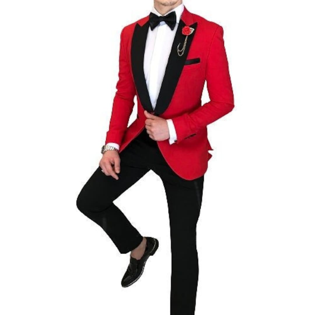 Men Suits 2 Piece Designer Tuxedo Red and Black Style Suits Wedding ...