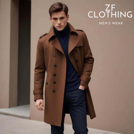 Men's Dark Brown Wool Trench Coat: Slim Fit Double Breasted Winter