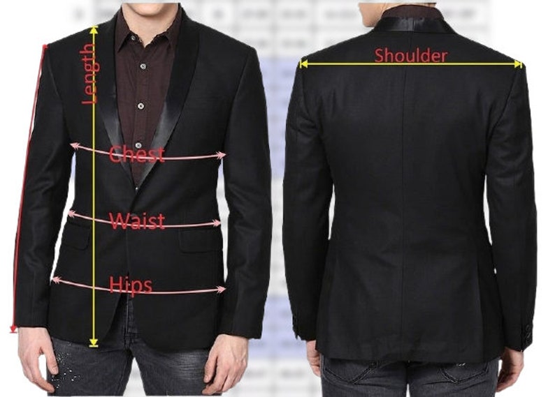 Puede incluir: Un blazer negro con solapa de sat&eacute;n, mostrado de frente y de espalda, con etiquetas de medici&oacute;n para largo, pecho, cintura, caderas y hombros. El blazer se lleva sobre una camisa marr&oacute;n oscuro.