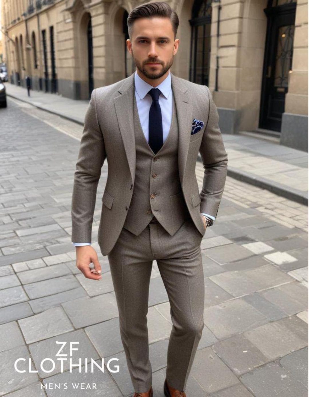 Men's Light Brown Wool Tweed 3 Piece Suit: Classic Formal Attire