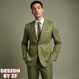 K&ouml;nnte beinhalten: Ein Mann in einem gr&uuml;nen Anzug mit wei&szlig;em Hemd und gr&uuml;ner Krawatte. Der Anzug ist einreihig mit Knopfleiste. Der Mann steht vor einem gr&uuml;nen Hintergrund.