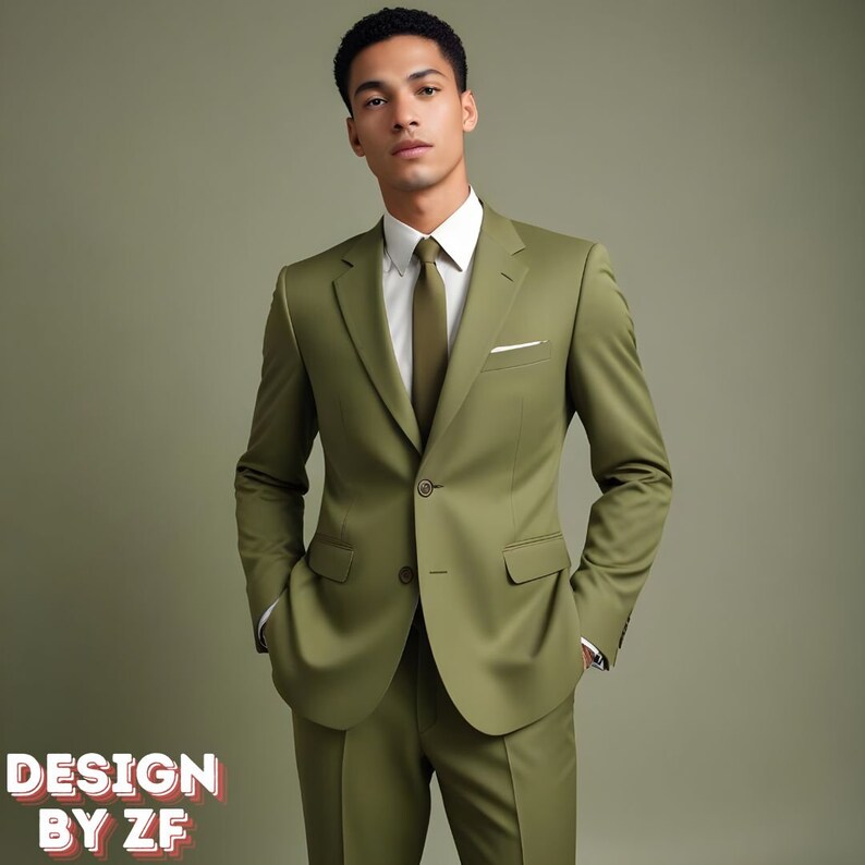 K&ouml;nnte beinhalten: Ein Mann in einem gr&uuml;nen Anzug mit wei&szlig;em Hemd und gr&uuml;ner Krawatte. Der Anzug ist einreihig mit Knopfleiste. Der Mann steht vor einem gr&uuml;nen Hintergrund.