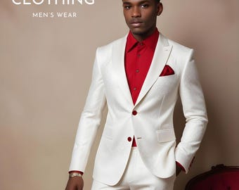 May include: A cream-colored suit with a subtle floral pattern, paired with a bright red button-down shirt and pocket square. The suit features a two-button closure. The image includes the text "ZF CLOTHING MEN'S WEAR".