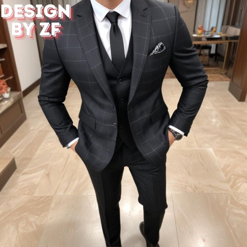 Men's Black Plaid Tweed Suit: Slim Fit 3-Piece Wedding Suit image 1