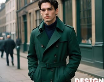 Gabardina de lana verde para hombre: doble botonadura, corte entallado