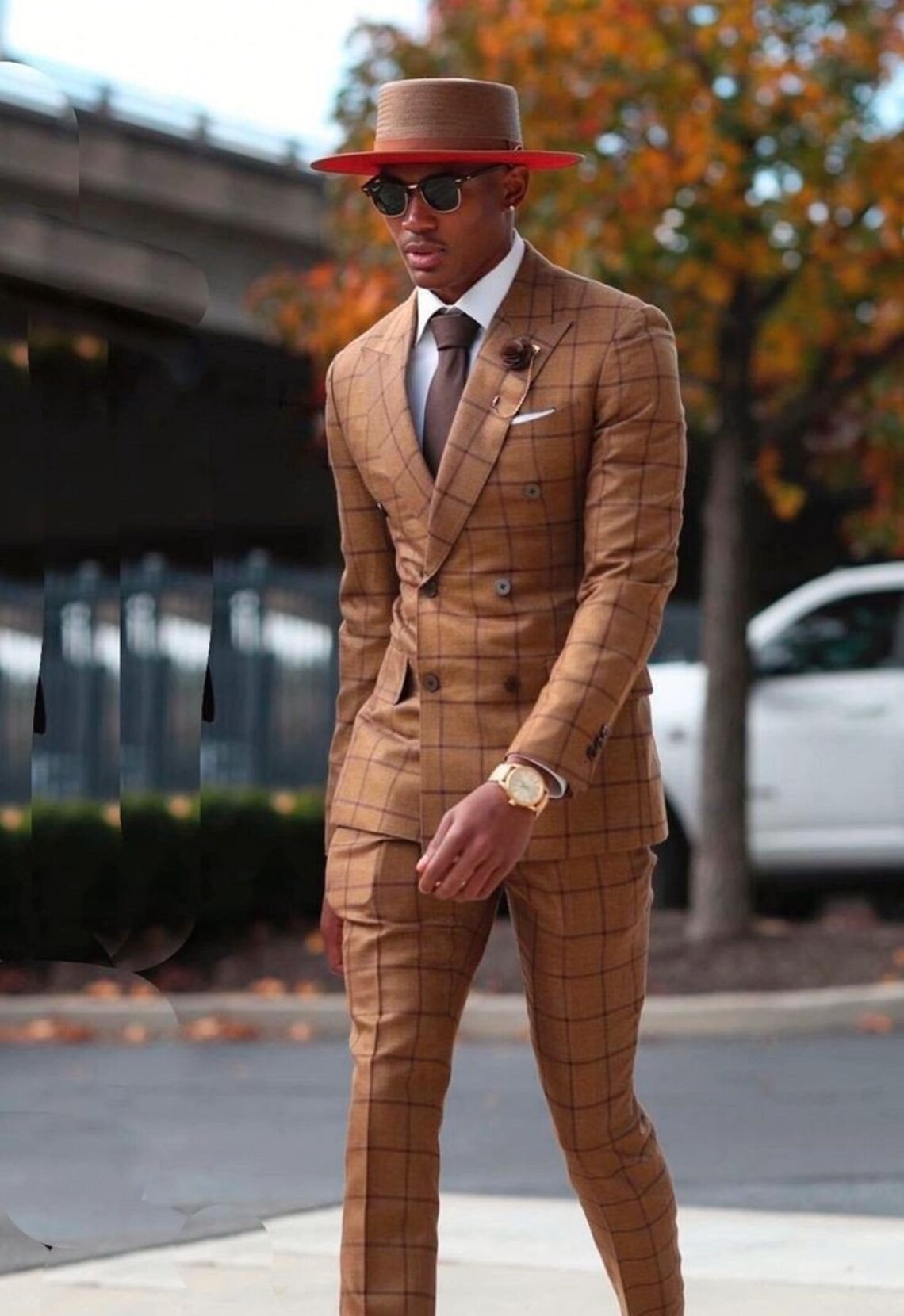 Men Suits Brown Plaid 2 Piece Double Breasted Slim Fit Elegant Etsy