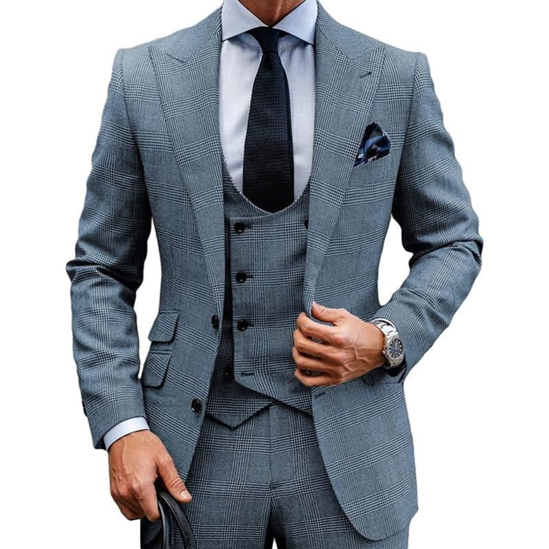 Luxury Men Suits Grey Wool Plaid 3 Piece Slim Fit Elegant - Etsy