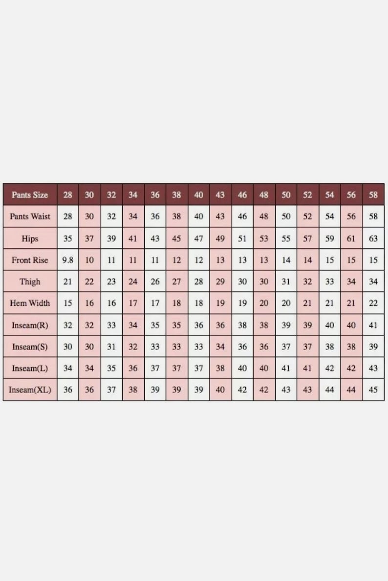 Puede incluir: Un gr&aacute;fico que muestra las medidas de la talla de los pantalones en pulgadas para la cintura, las caderas, la altura del tiro, el muslo, el ancho del dobladillo y la entrepierna. Las medidas de la entrepierna se enumeran para las entrepiernas regulares, cortas, largas y extra largas.
