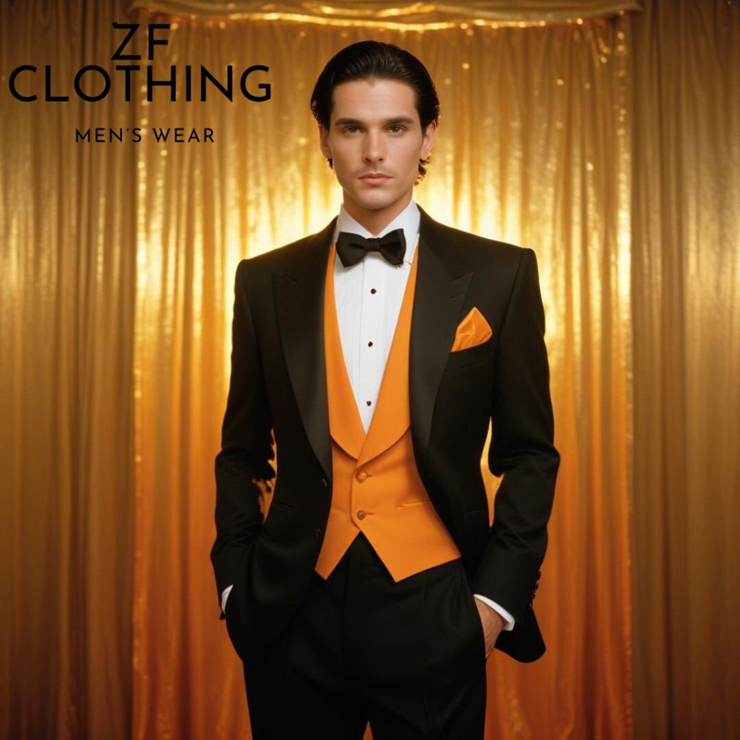 Traje negro de tres piezas para hombre: chaleco mostaza, corte