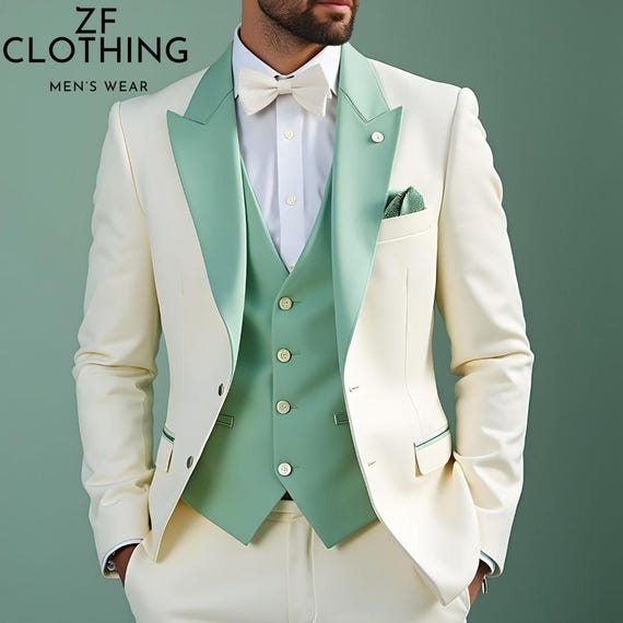 Men's off White 3-piece Suit: Mint Green Lapel, Bespoke Formal Wear - Etsy Men's off White 3-piece Suit: Mint Green Lapel, Bespoke Formal Wear - Etsy