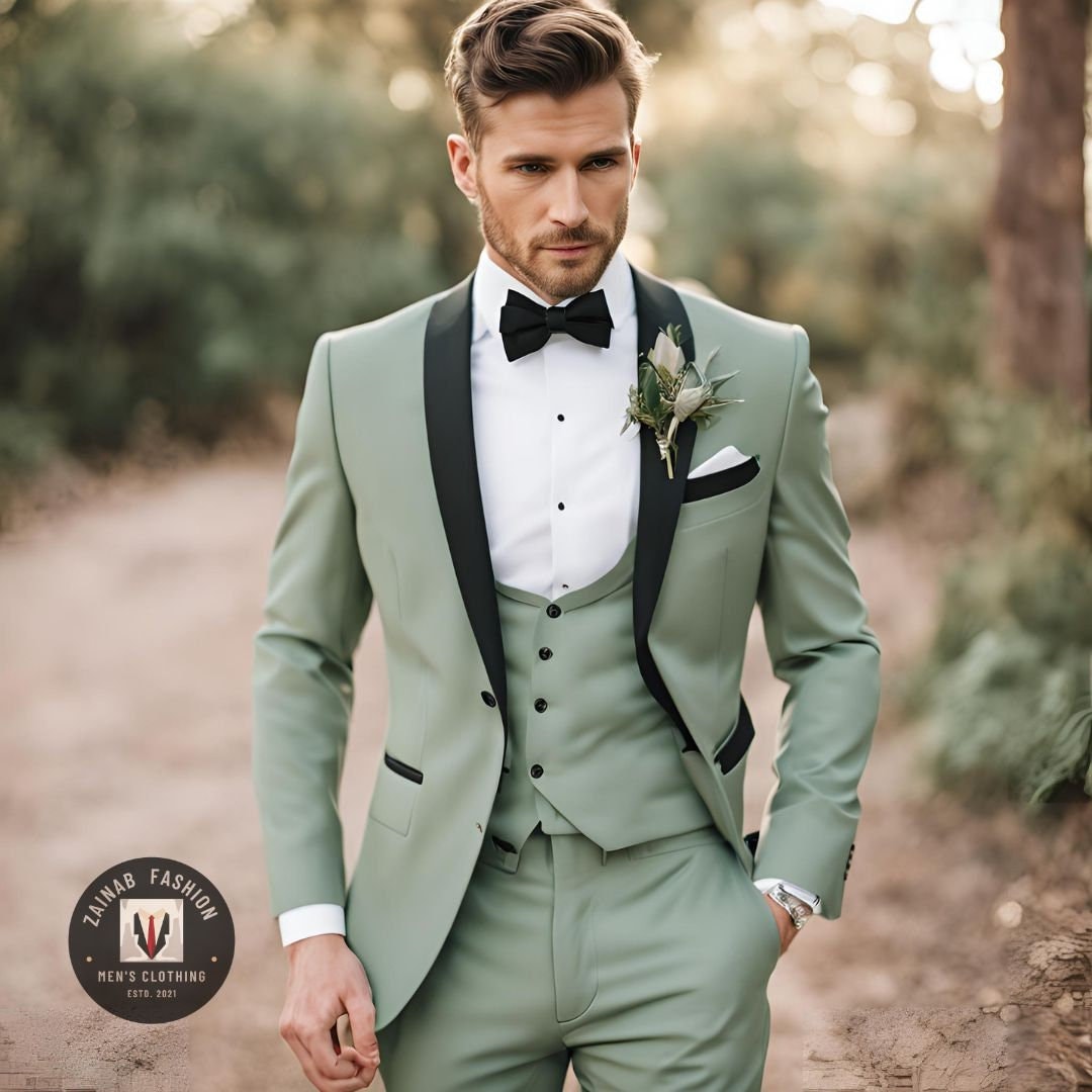 Buy Sage Green Tuxedo: Men's 3-piece Suit, Black Lapel Online in India ...