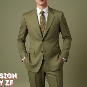 K&ouml;nnte beinhalten: Ein gr&uuml;ner Anzug mit einem wei&szlig;en Hemd und einer gemusterten Krawatte. Der Anzug hat einen einzigen Knopfverschluss und eine Tasche auf der linken Seite des Sakkos. Die Krawatte hat ein gold-braunes Muster.