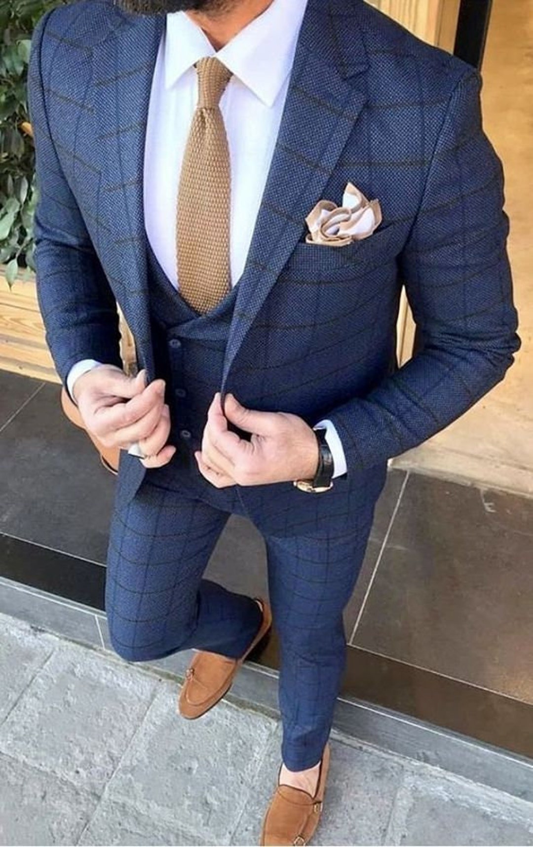 Men Suits Blue Plaid and Tweed 3 Piece Slim Fit Elegant Formal Fashion ...